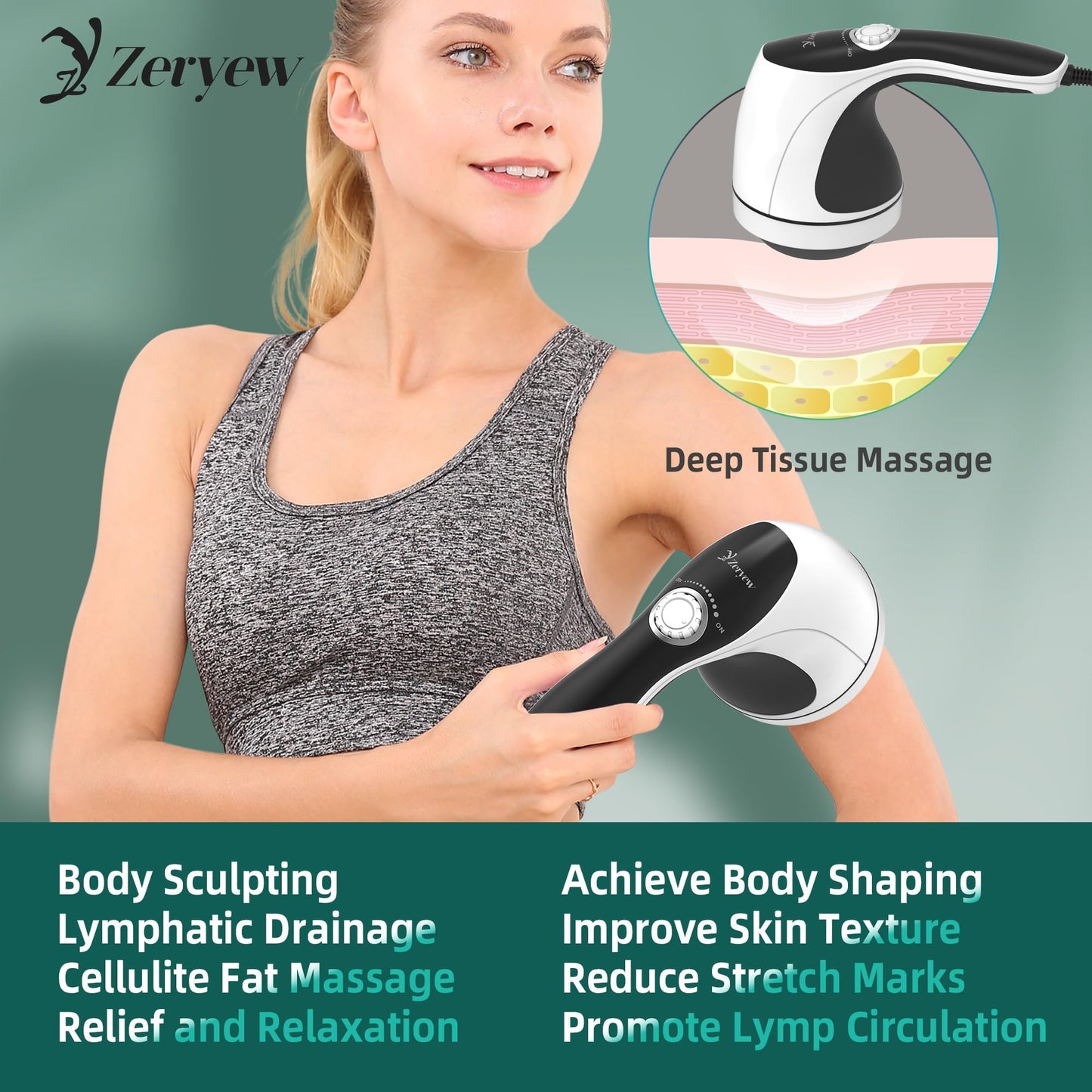 ZY ZERYEW Masajeador De Celulitis Portátil, Máquina De Modelado Corporal, Herramienta Eléctrica Para Masaje De Celulitis, Rodillo De Masaje Linfático Con 8 Cabezales Giratorios Y 2 Tapas De Malla Para