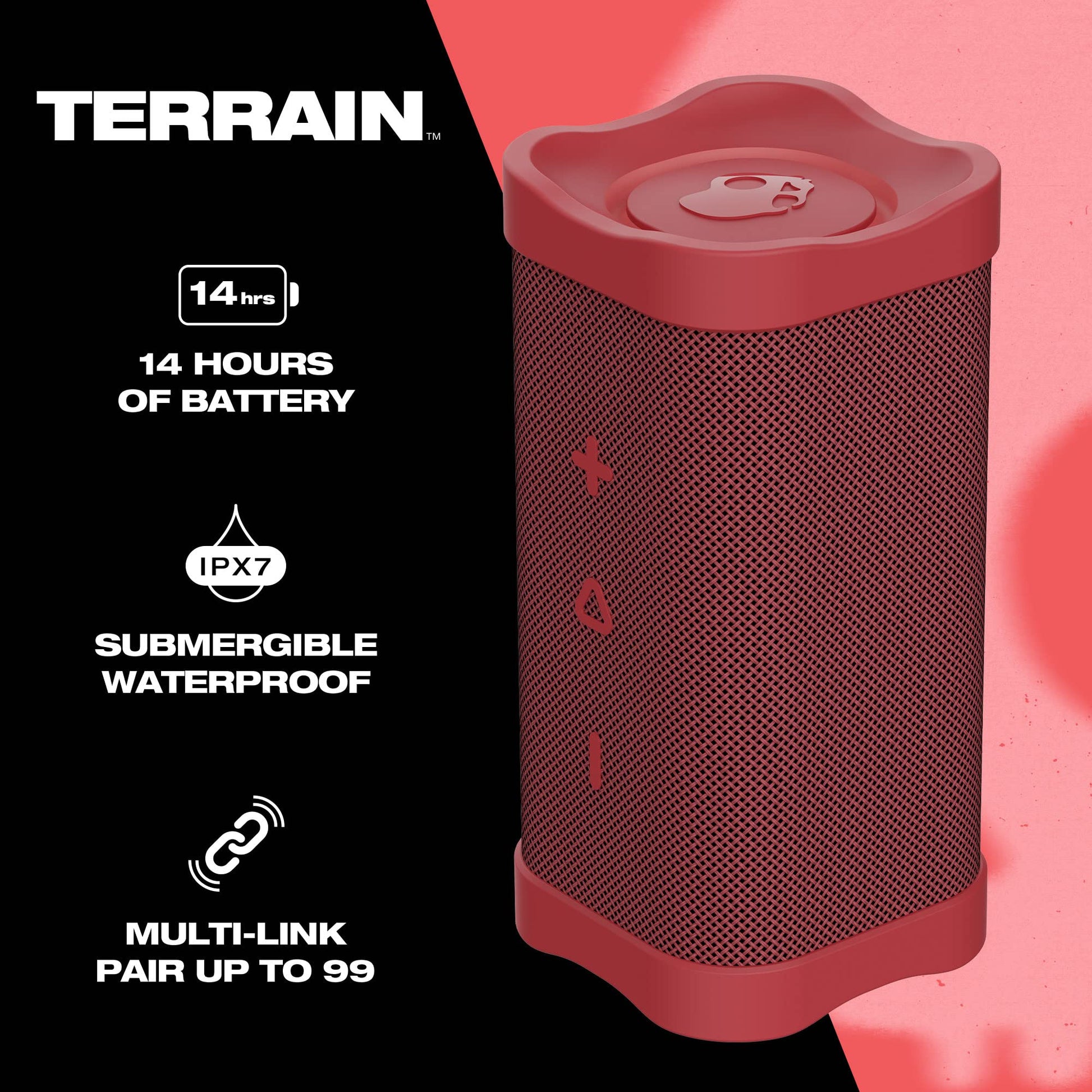 Skullcandy Terrain - Altavoz inalámbrico Bluetooth IPX7 Impermeable con radiadores pasivos duales Personalizados, batería de 14 Horas, muñequera de Nailon y estéreo inalámbrico Verdadero