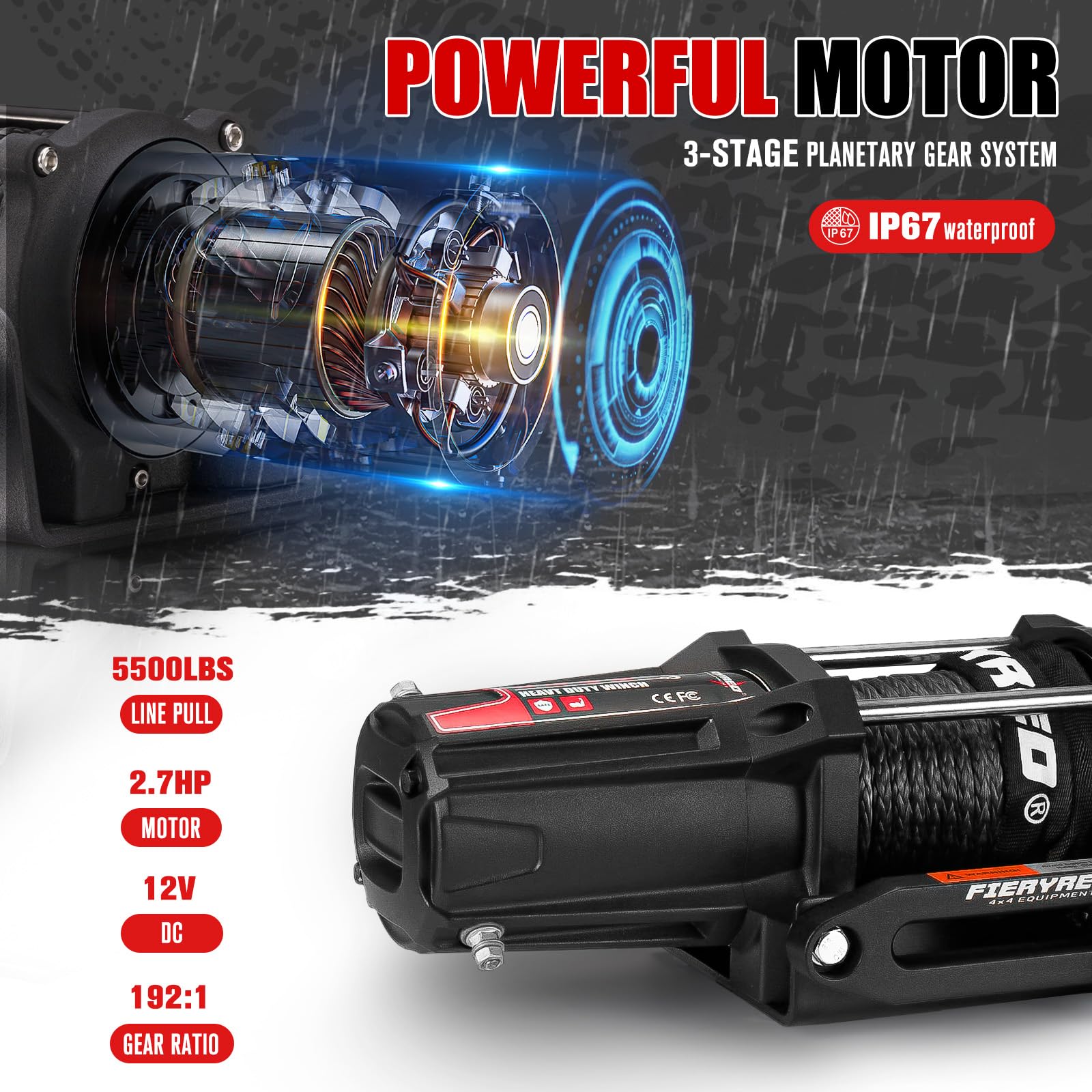 FieryRed - Cabrestante eléctrico para ATV/UTV, 12 V, 5500 libras, con cuerda sintética, con control remoto inalámbrico, Hawse de aluminio y soporte de montaje, impermeable IP67