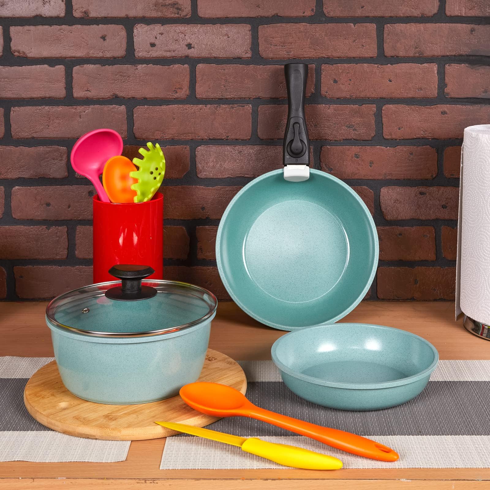 JADECOOK 2 Baterias de Cocina JADE SMART 10 Piezas Ahorra Espacio con el Mango Removible Recubrimiento Antiadherente Sarten 20 cm Cacerola 20 cm Wok 24 cm Libre de Toxicos Set de Ollas para Cocina