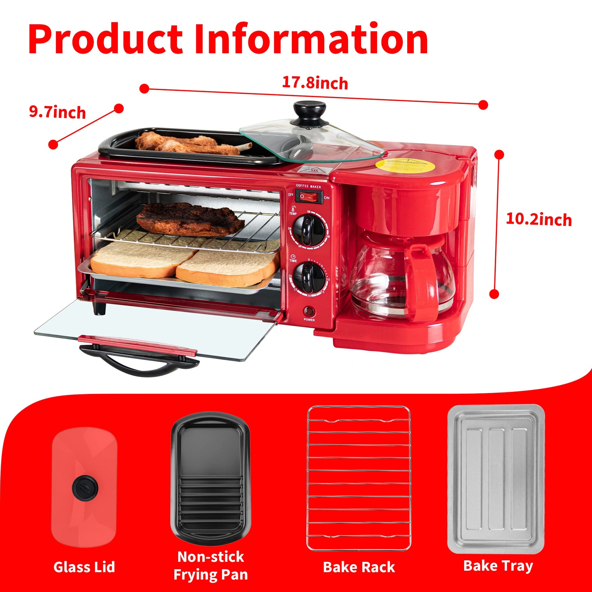DECAKILA 3 en 1 Estación de Desayuno Horno Tostador Cafetera de 4 Tazas Plancha Todo en Uno con Temporizador de 30 Minutos Rojo KUEV003R