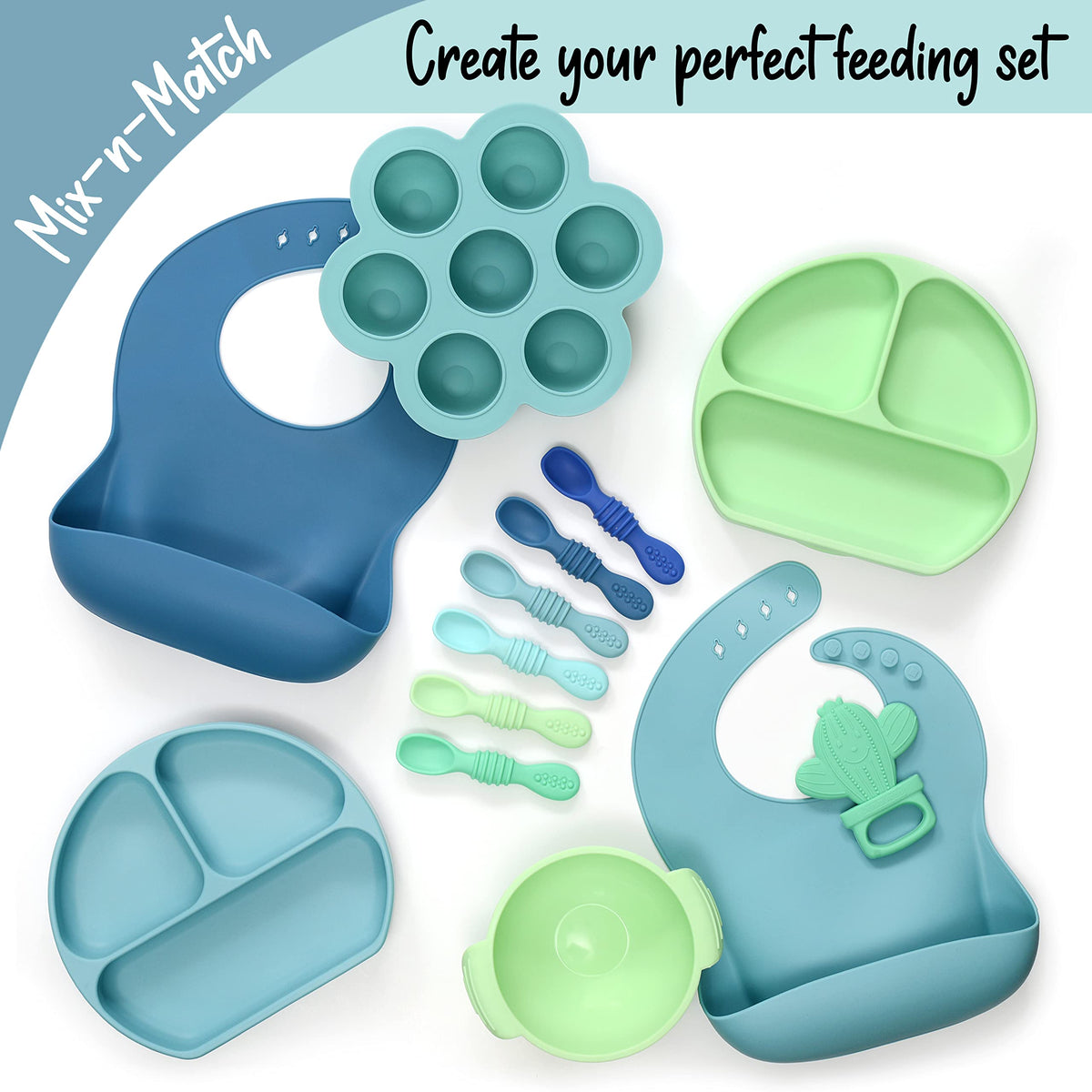 PrimaStella - Juego de alimentación de plato y cuchara de silicona irrompible para bebés y niños pequeños, color azul pacífico