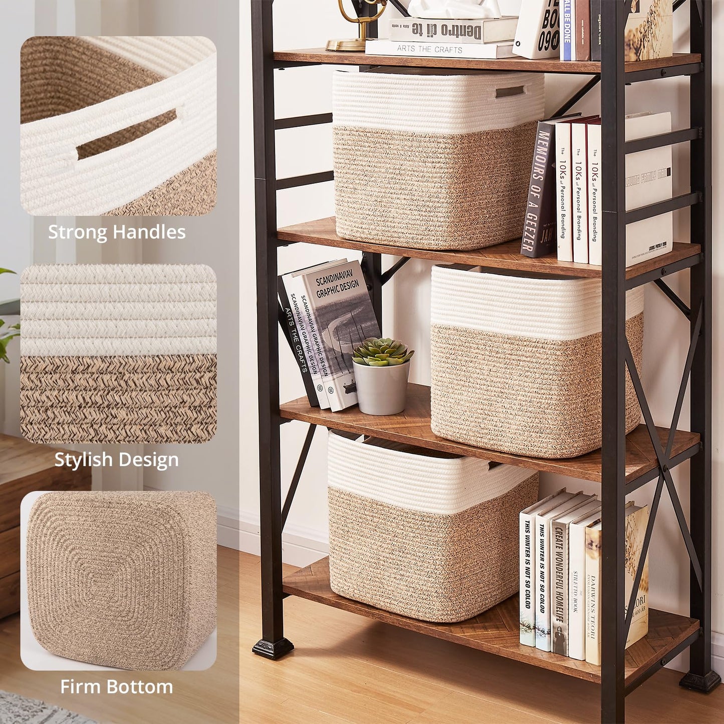 OIAHOMY - Cestas tejidas de cuerda de algodón para organizar 3 unidades de 13 x 13 x 12.6 pulgadas, cestas rectangulares de almacenamiento para ropa, cestas de almacenamiento para niños, sala de