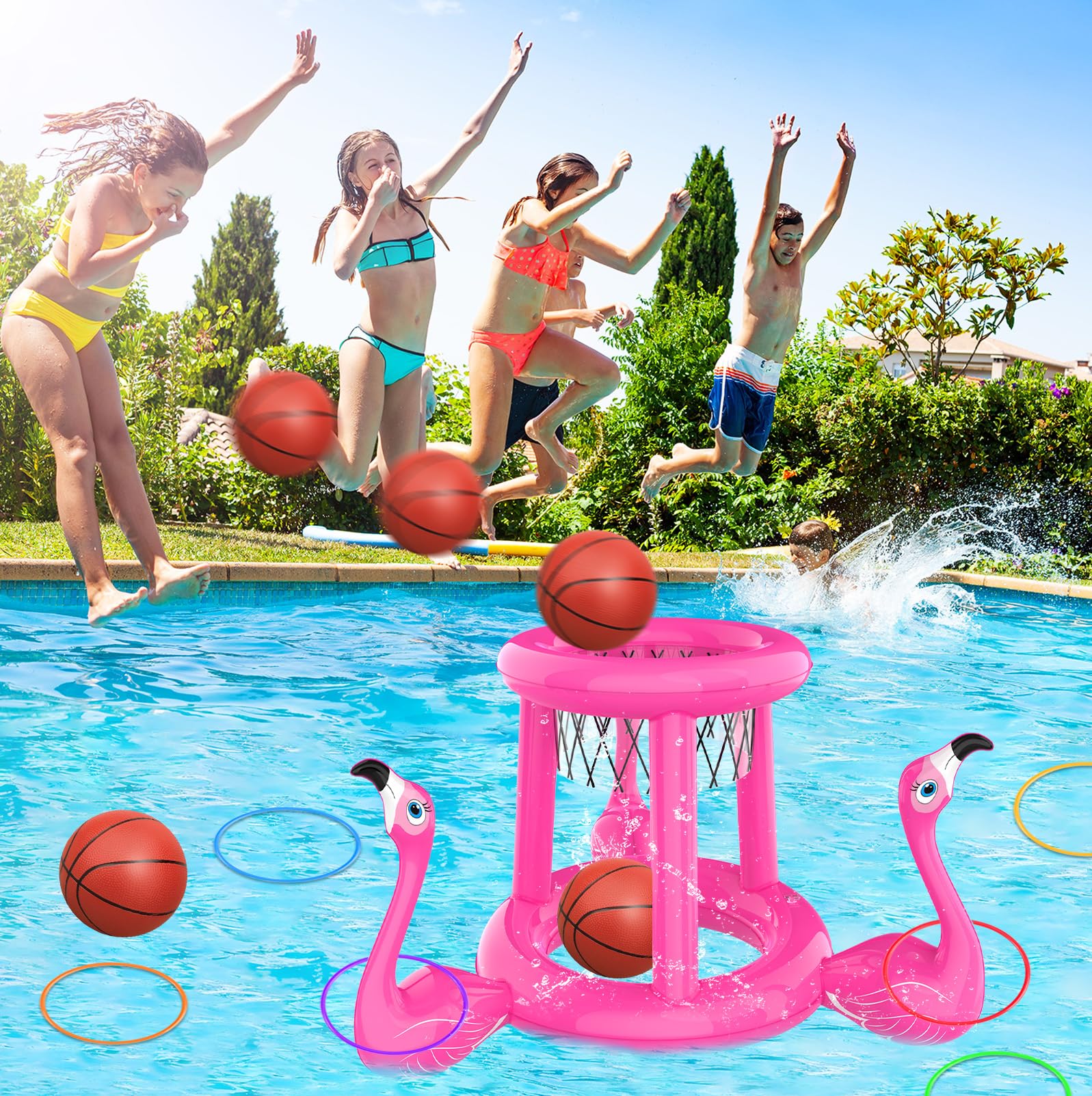 Juguetes para la piscina, flotadores de piscina, juegos de piscina para niños y adultos, aro inflable de baloncesto y juego de lanzamiento de anillo, piscina 2 en 1, juguete de agua flotante para
