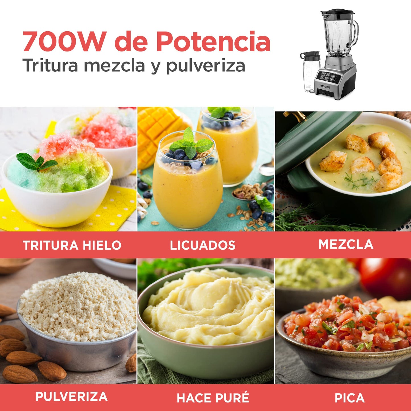 BLACK+DECKER Licuadora Pulverix Digital, con Vaso Personal, 3 Velocidades con 6 Cuchillas y Jarra de Vidrio 1.5lts, 700 Watts de Potencia, BL1840MS-MX