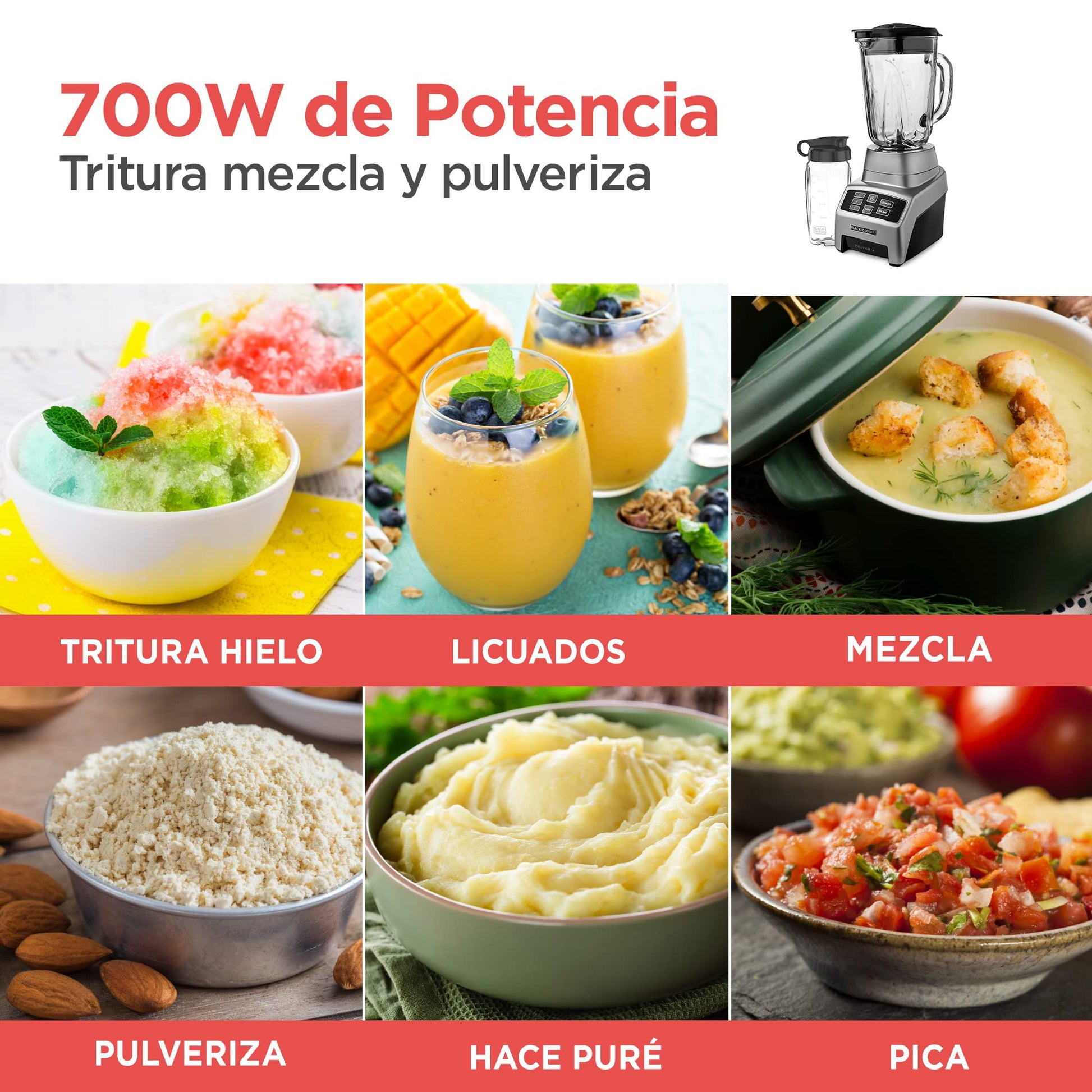 BLACK+DECKER Licuadora Pulverix Digital, con Vaso Personal, 3 Velocidades con 6 Cuchillas y Jarra de Vidrio 1.5lts, 700 Watts de Potencia, BL1840MS-MX