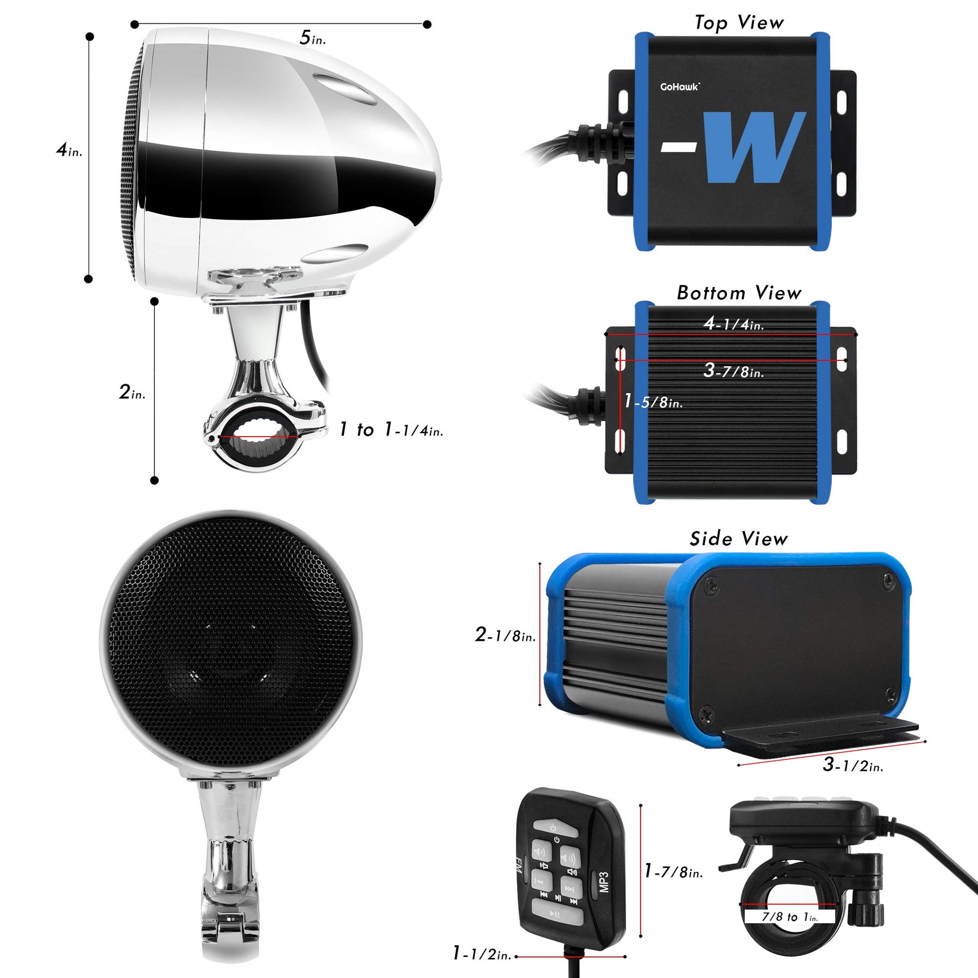 GoHawk TN4-W - Amplificador impermeable de 4 pulgadas, rango completo Bluetooth para motocicleta, altavoces estéreo de 1 a 1.25 pulgadas. Sistema de amplificador de audio para montaje en manubrio