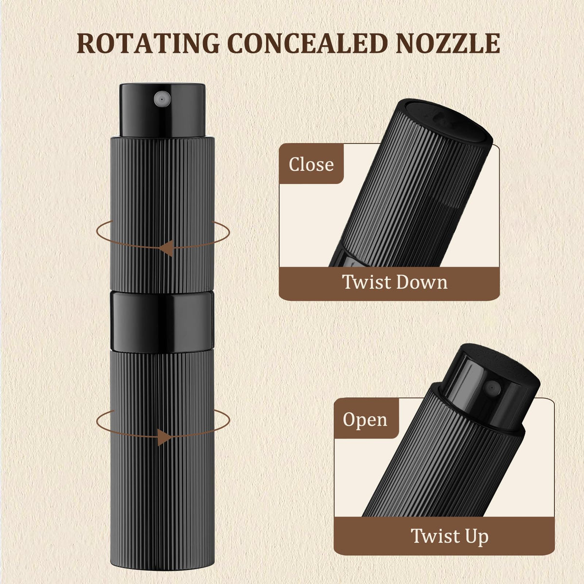 LISAPACK Botella atomizadora de perfume de 8 ml para viajes, dispensador de colonia vacía recargable (negro)