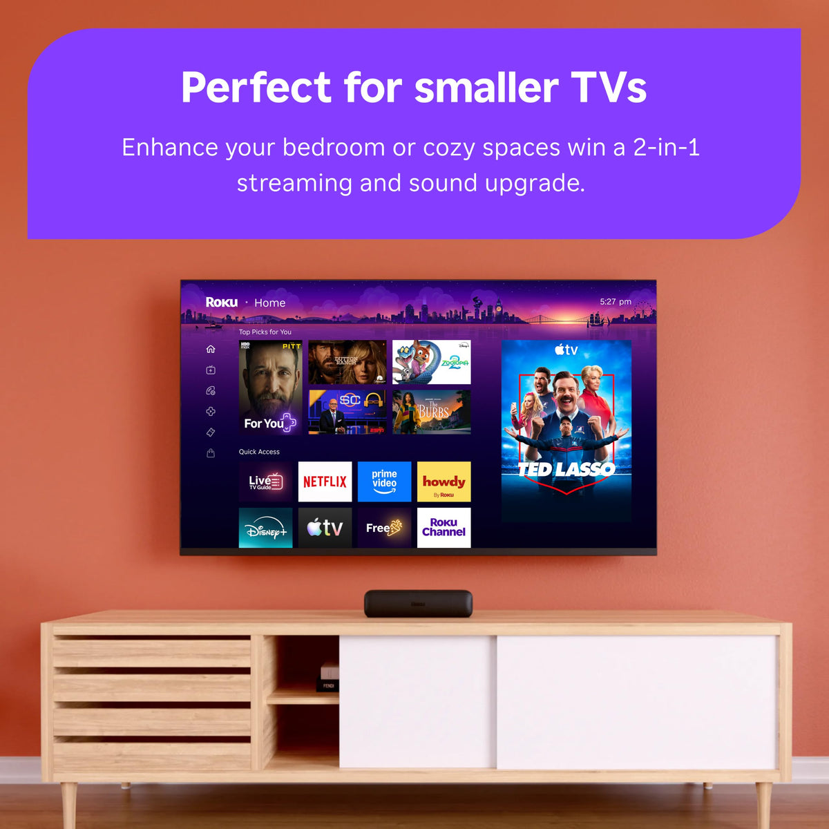 Barra de Sonido Roku Negra con Transmisión 4K HD HDR y Claridad de Voz Mejorada para TV