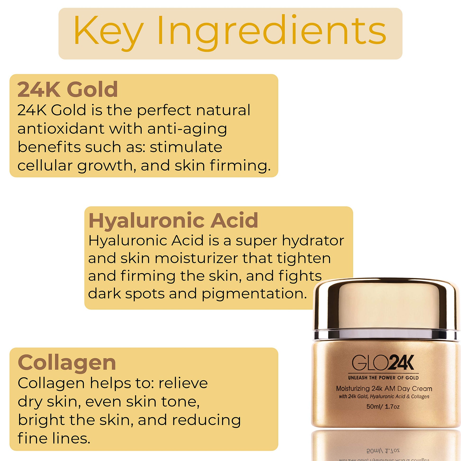 GLO24K Crema de día hidratante con oro de 24 k, antienvejecimiento con vitaminas, ácido hialurónico, colágeno