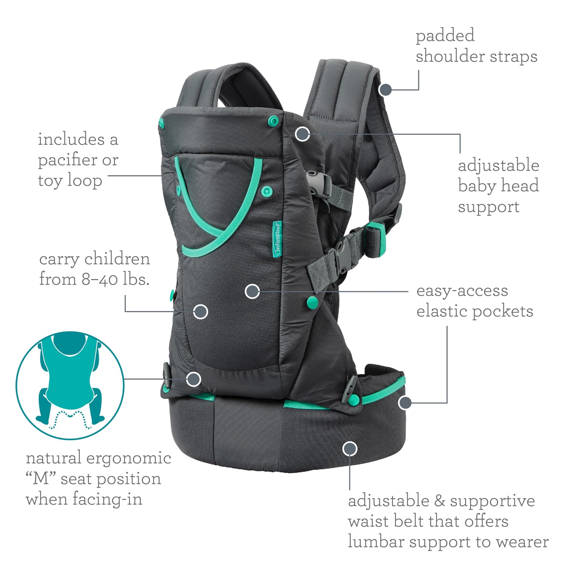 Infantino Carry On Active - Portabebés ergonómico con múltiples bolsillos para bebés y niños, 8-40 libras, con correas acolchadas, almacenamiento de cinturón lumbar y lazo para chupete