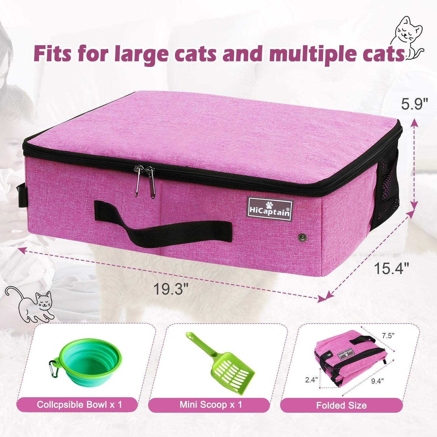 HiCaptain - Caja de arena portátil para gatos con tapa, caja de arena de viaje plegable para gatos medianos y grandes, a prueba de fugas, caja plegable estándar para viajes, color rosa
