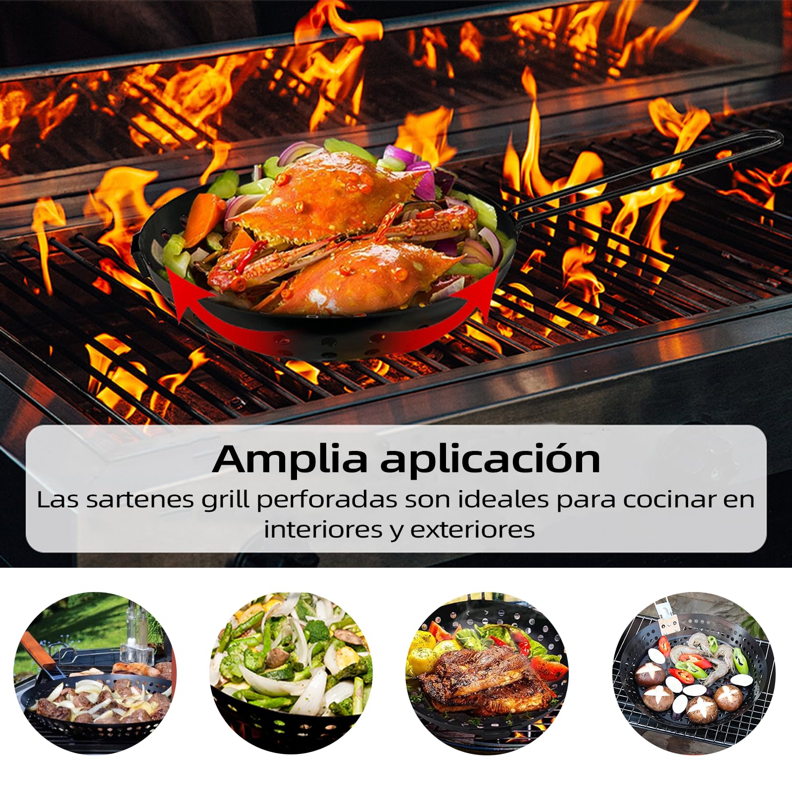 AUERQXZ Sartén Antiadherente para Asar con Mango Plegable y Diseño de Sartén Perforada de Acero al Carbono, Adecuada para Asar al Aire Libre y Cocinar Verduras y Mariscos