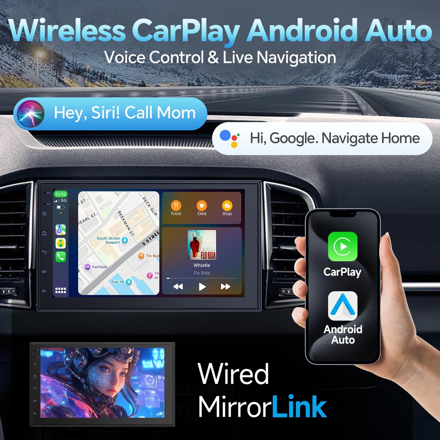 Pantalla táctil 7" para Auto con CarPlay/Android Auto inalámbrico, estéreo Doble DIN y cámara de reversa (2+32GB, cámara no incluida)
