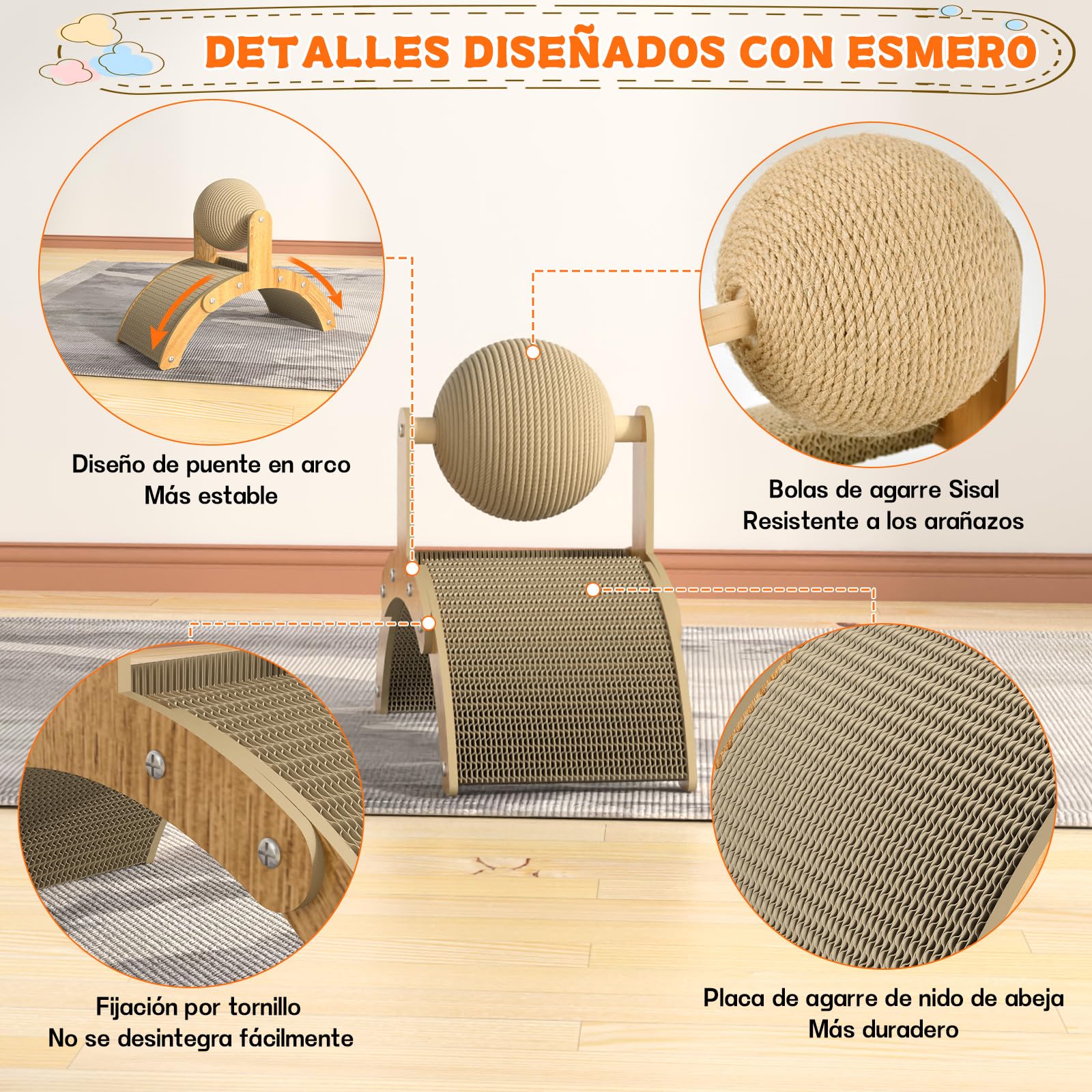 Rascador Kokila beige con Pelota de Sisal de 12cm para Gatos Pequeños y Conejos