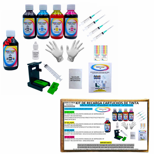 Genérico Kit Recarga de Tinta Compatible para Cartucho HP 667/664/662/122 Incluye 4 Botellas De Tinta Dye de 60ML c/u