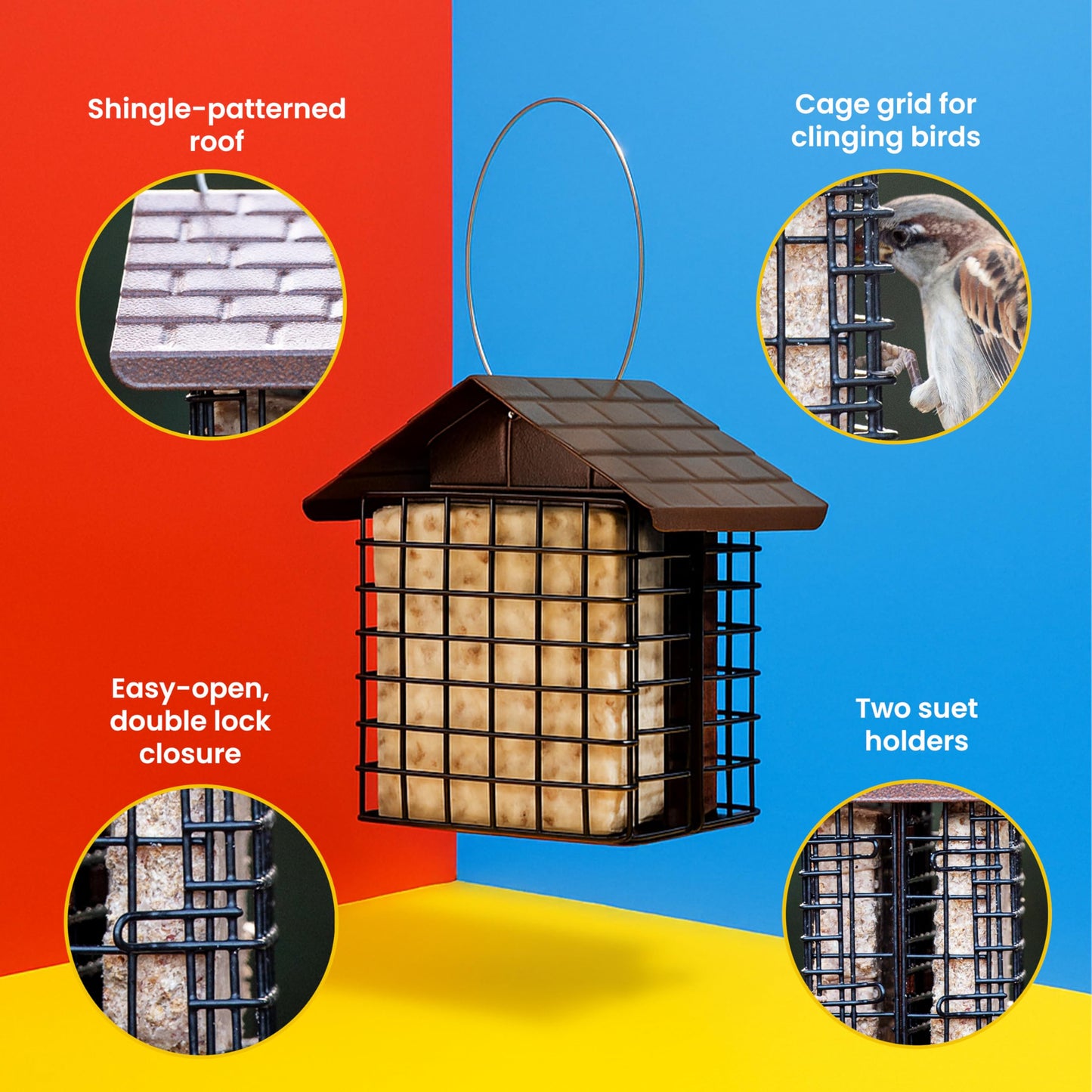 More Birds - Alimentador Doble con Protector contra el Clima, 6.5 Pulgadas de Largo x 4.25 Pulgadas de Ancho x 7.25 Pulgadas de Alto, café