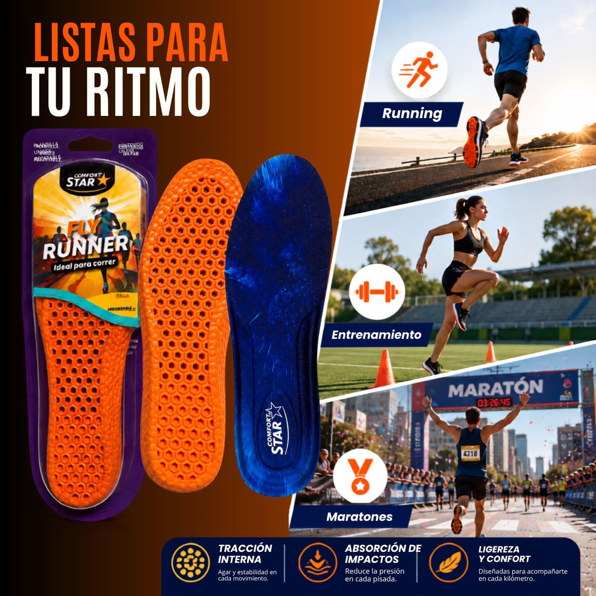 Plantilla Fly Runner Comfort Star Azul Ultraligero con absorción de impactos Tecnología de tracción para Mujeres y Hombres