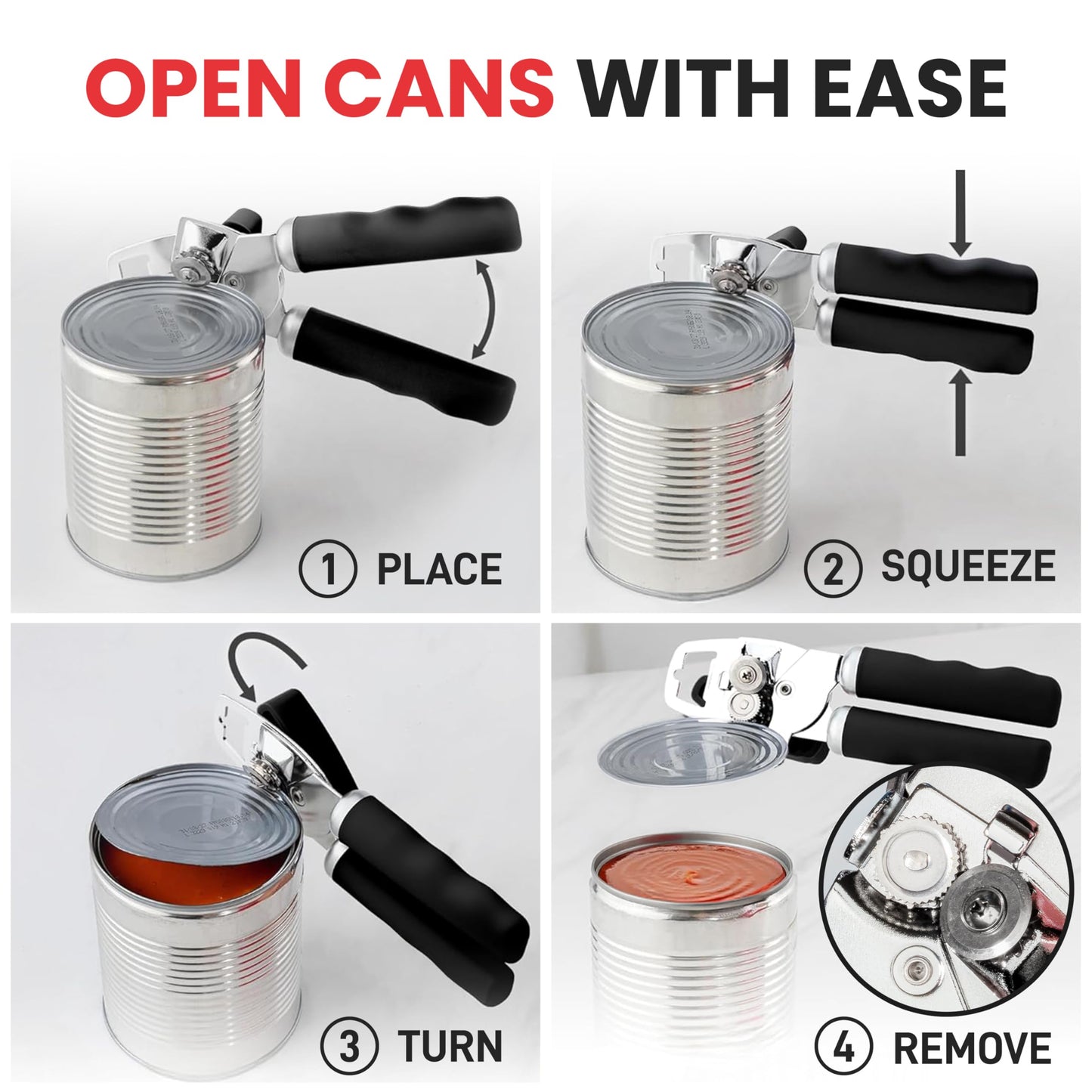 Abrelatas Manual Zulay Kitchen Negro de Acero Inoxidable Resistente con Abrebotellas y Asas de Agarre Suave