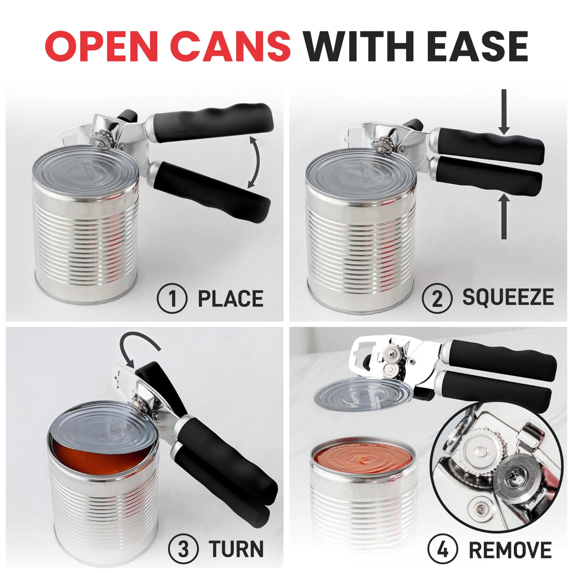 Abrelatas Manual Zulay Kitchen Negro de Acero Inoxidable Resistente con Abrebotellas y Asas de Agarre Suave