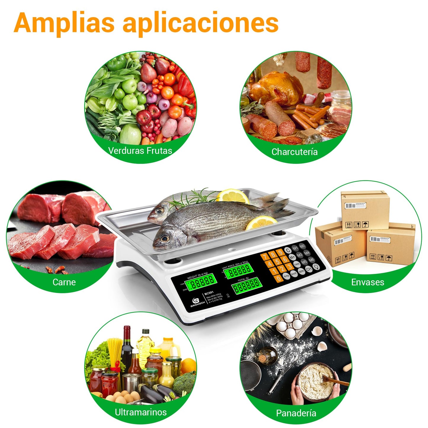 Báscula Digital Comercial 40kg Bascula alimentos para Pesar Productos Carne con Gran Plataforma de Acero Inoxidable, Pantalla LCD y Luz de Fondo Verde Brillante para Mercados Agrícolas