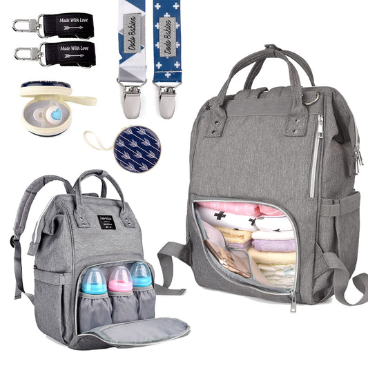 Mochila para Pañales Dodo Babies Azul Gris con Bolsillos Aislados e Impermeables y Clips para Chupete