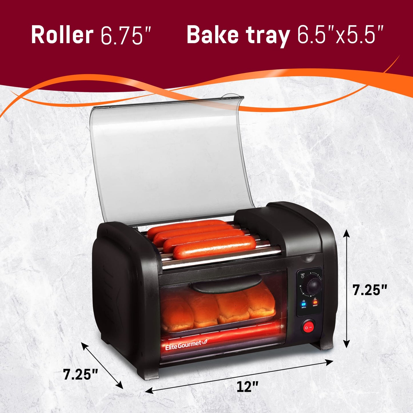 Elite Gourmet EHD-051B - Horno tostador para perros calientes, temporizador de 30 minutos, rodillos de calor de acero inoxidable, charola para hornear y migas, béisbol de la serie mundial, capacidad