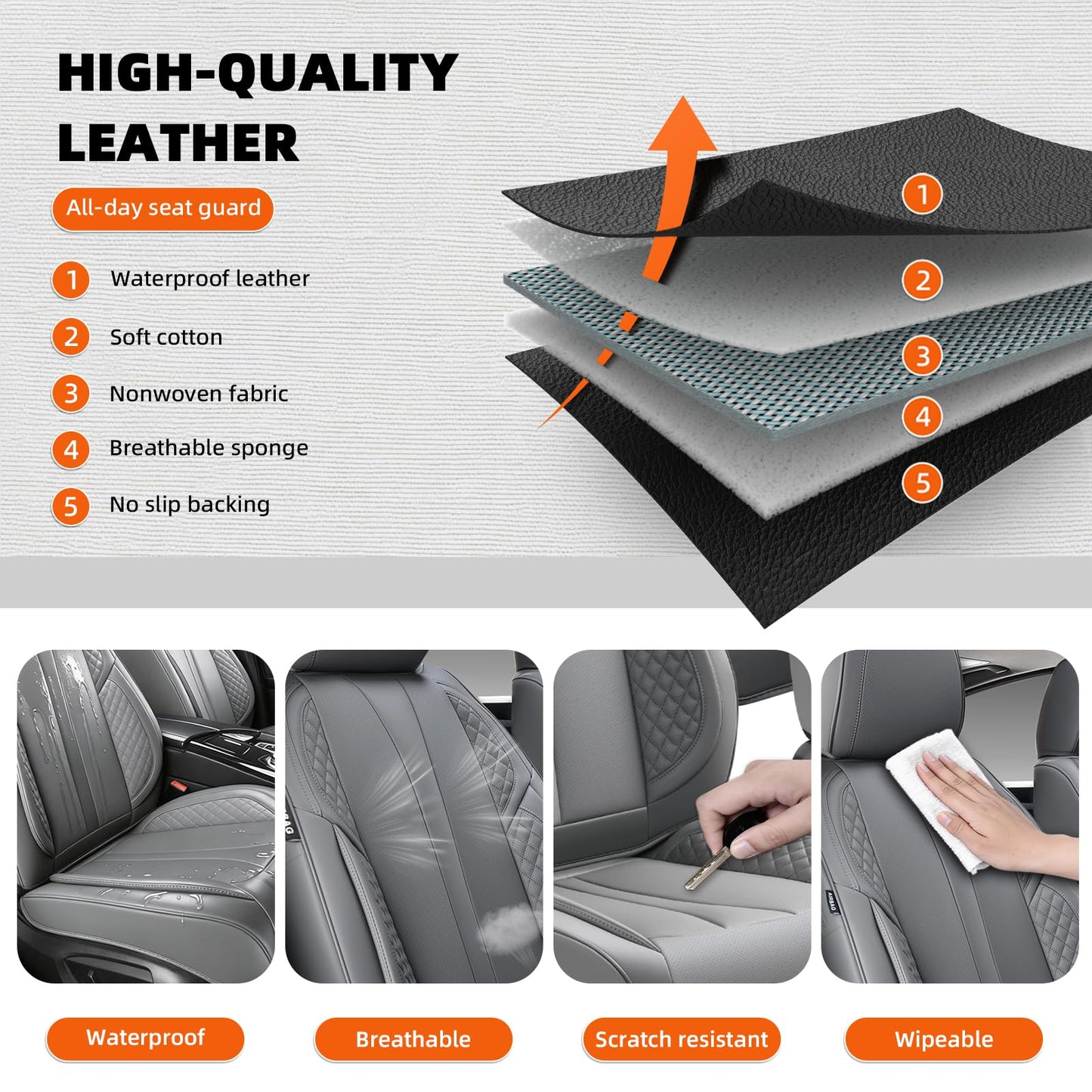 KEYOOG - Juego completo de fundas de asiento de coche de 5 plazas, impermeables y transpirables de cuero Nappa, para asientos delanteros y traseros de automóviles, compatible con airbags, fundas