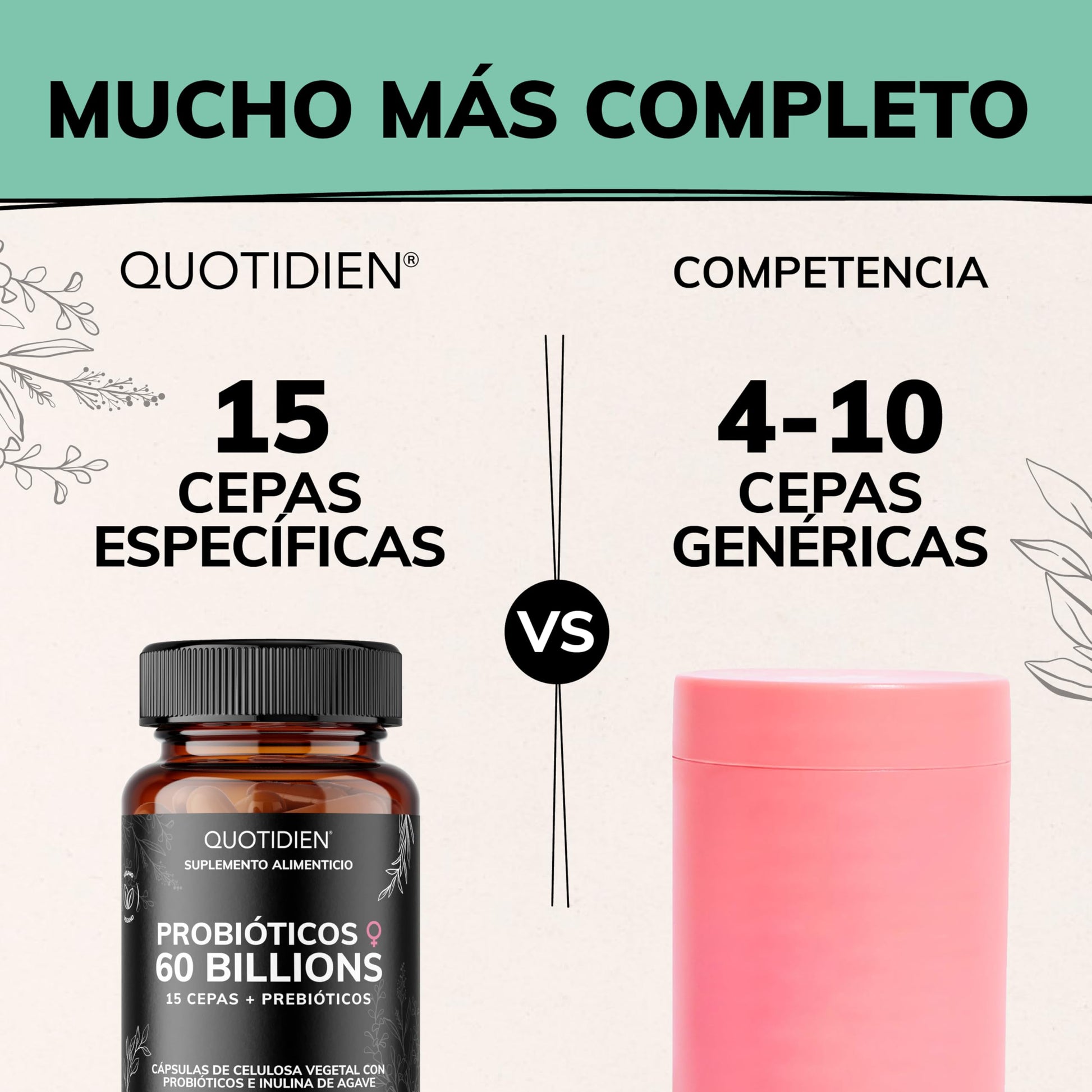 Probióticos Quotidien 60B Inulina de Agave para Mujer 15 Cepas Liberación Tardía