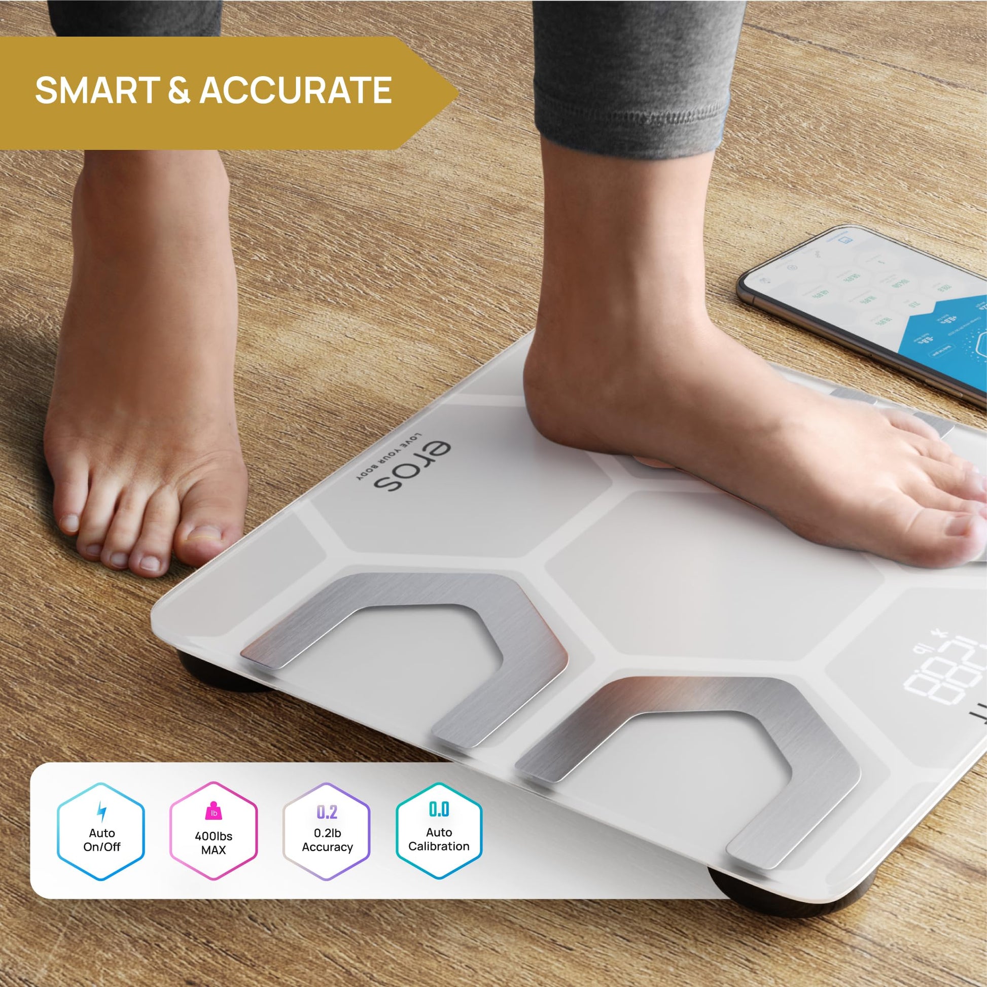 INEVIFIT EROS - Báscula digital de baño con Bluetooth y aplicación inalámbrica para smartphone (400 libras, 11,8 x 11,8 pulgadas), Blanco, Large Platform 11.8"X11.8"