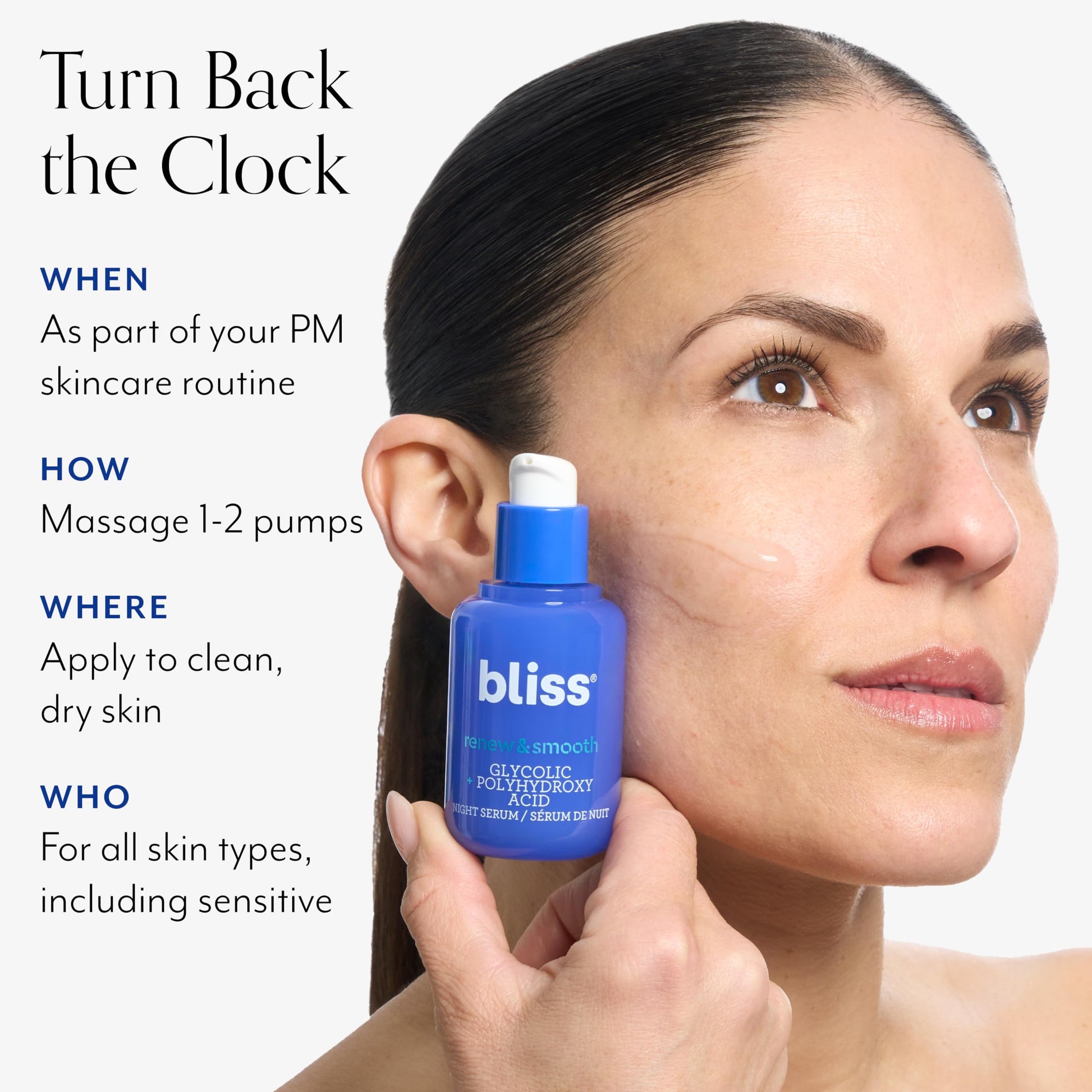 Bliss Renew & Smooth Sérum de noche, resurfacing suero facial con ácido glicólico y polihidroxi, limpio, sin crueldad, sin parabenos, vegano, 1 oz