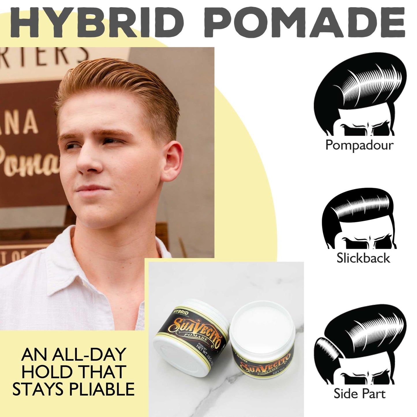 Suavecito Pomada Híbrida Pomada para El Cabello para Hombres - Fijación Media Fórmula Híbrida de Agua y Aceite de Alto Brillo - Retrabajable - Fácil de Lavar - Fijación Todo El Día 113g