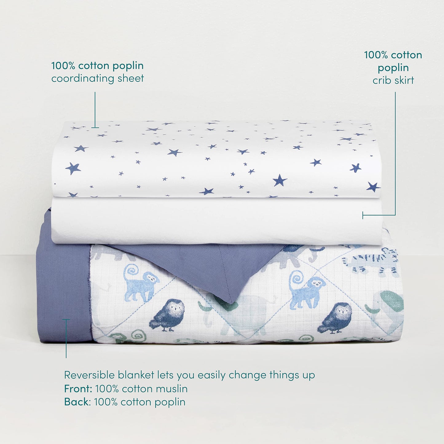 aden + anais Essentials - Juego de ropa de cama de 3 piezas, manta de algodón, sábana para cuna, falda para cuna, hora de soñar