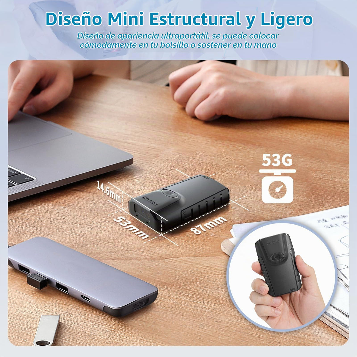 Escáner de Código de Barras NETUM Bluetooth 2D Portátil QR Automático Inalámbrico pequeño con Clip Trasero Compatible con Tablet iOS Android Windows MacOS