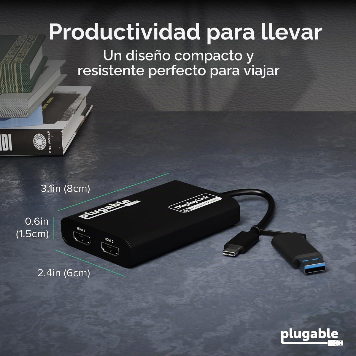 Adaptador de Monitor Dual Plugable Negro 4K para USB 3.0 y USB-C