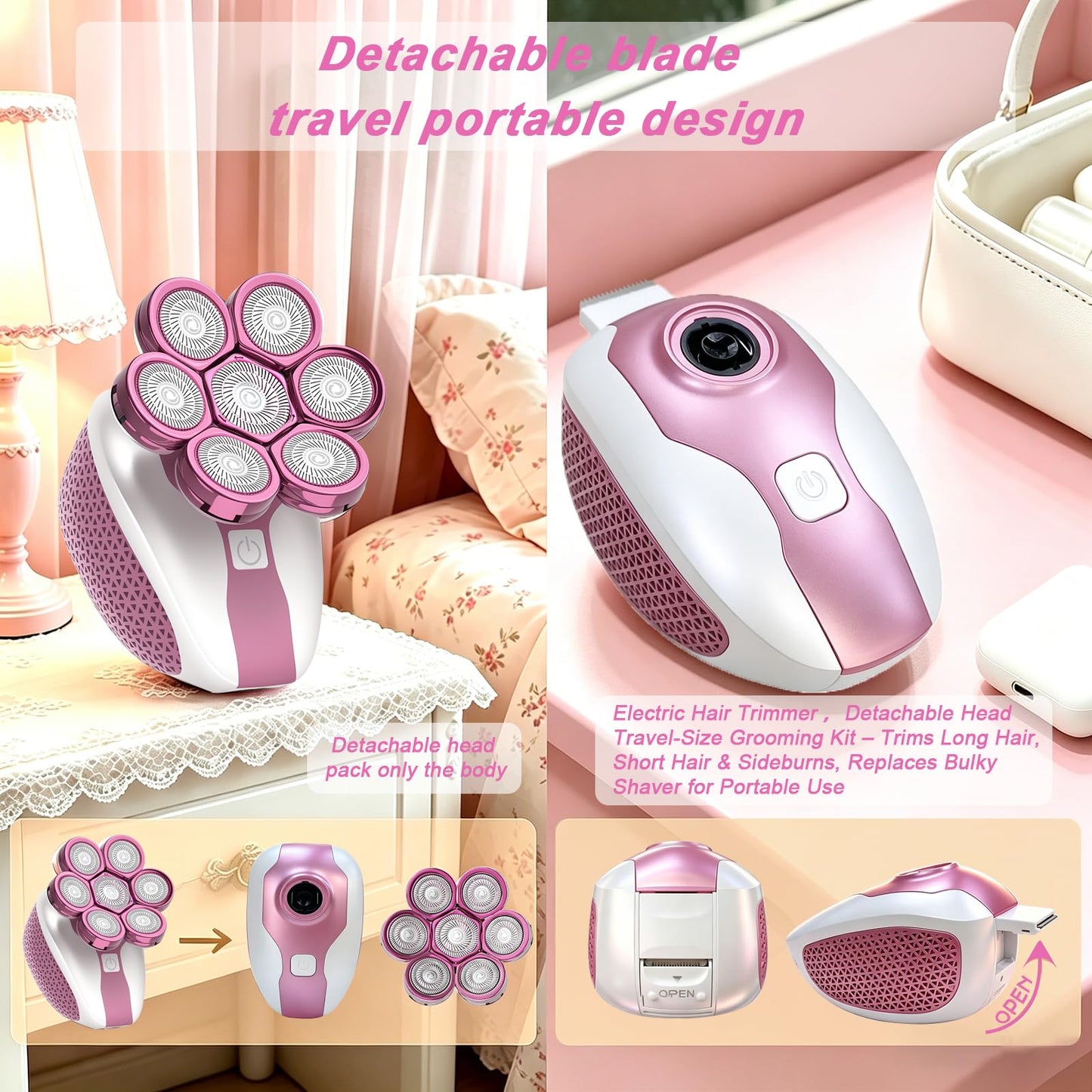 TogBeut Afeitadora eléctrica 7D para hombres calvos, con pantalla LED, para uso en seco y húmedo, kit profesional 5 en 1 para cabello, rostro y barba (rosa)