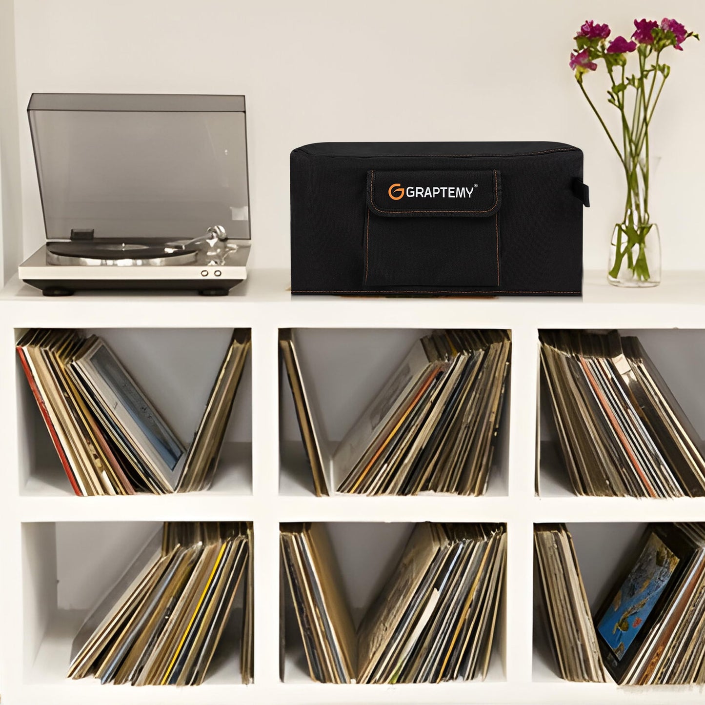 Cubierta para tocadiscos de PVC 600D, cubierta para tocadiscos de protección impermeable, bolsillo lateral y cubierta para reproductores de discos de 2 dedos, compatible con la mayoría de los