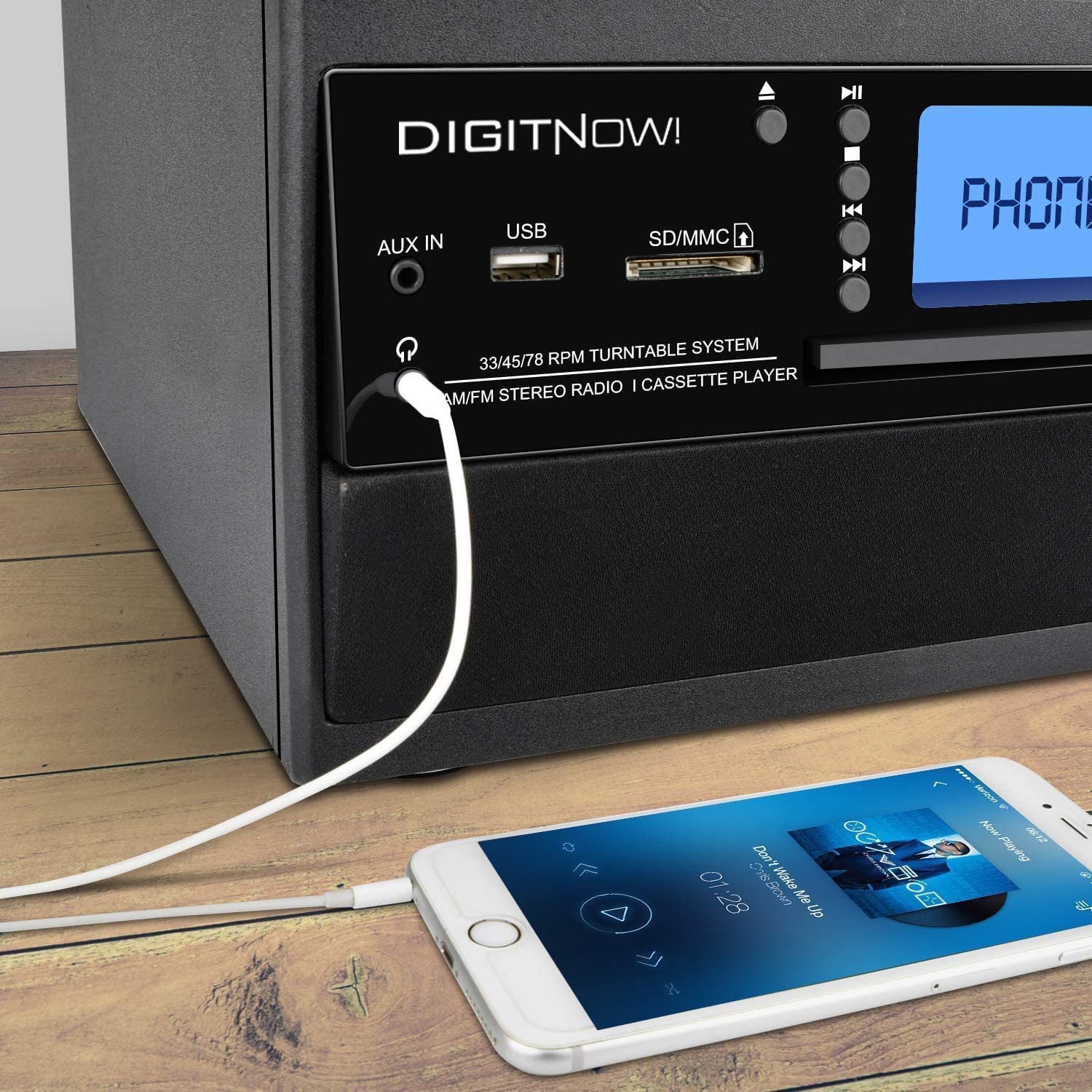 DIGITNOW - Tocadiscos Bluetooth con altavoz estéreo, convertidor de vinilo LP a MP3 con CD, casete, radio, entrada auxiliar y codificación USB/SD, control remoto, reproductor de música de audio