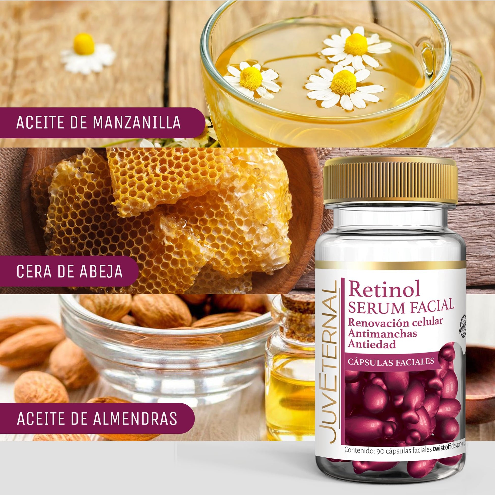 Juveternal Duo Cápsulas Faciales Retinol Cápsulas Faciales Acido Hialuronico 90 caps c/u Renovación celular Antimanchas Antiedad Hidrata Reafirma y Retexturiza la piel