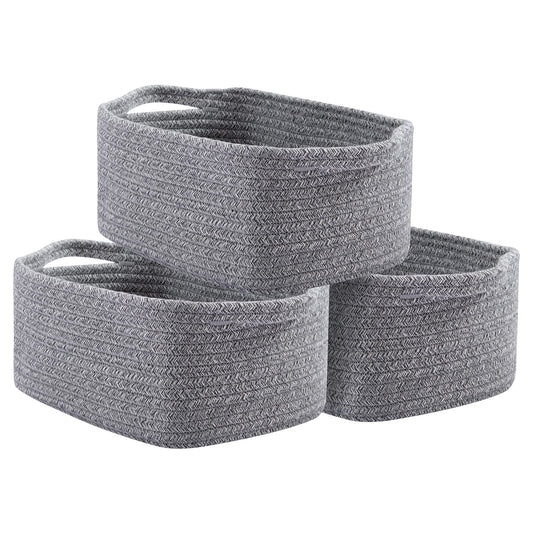 OIAHOMY - Cestas de cuerda de algodón, cestas tejidas para almacenamiento, cestas de almacenamiento de guardería, cesta rectangular con asas, cestas de almacenamiento para estantes, paquete de 3,