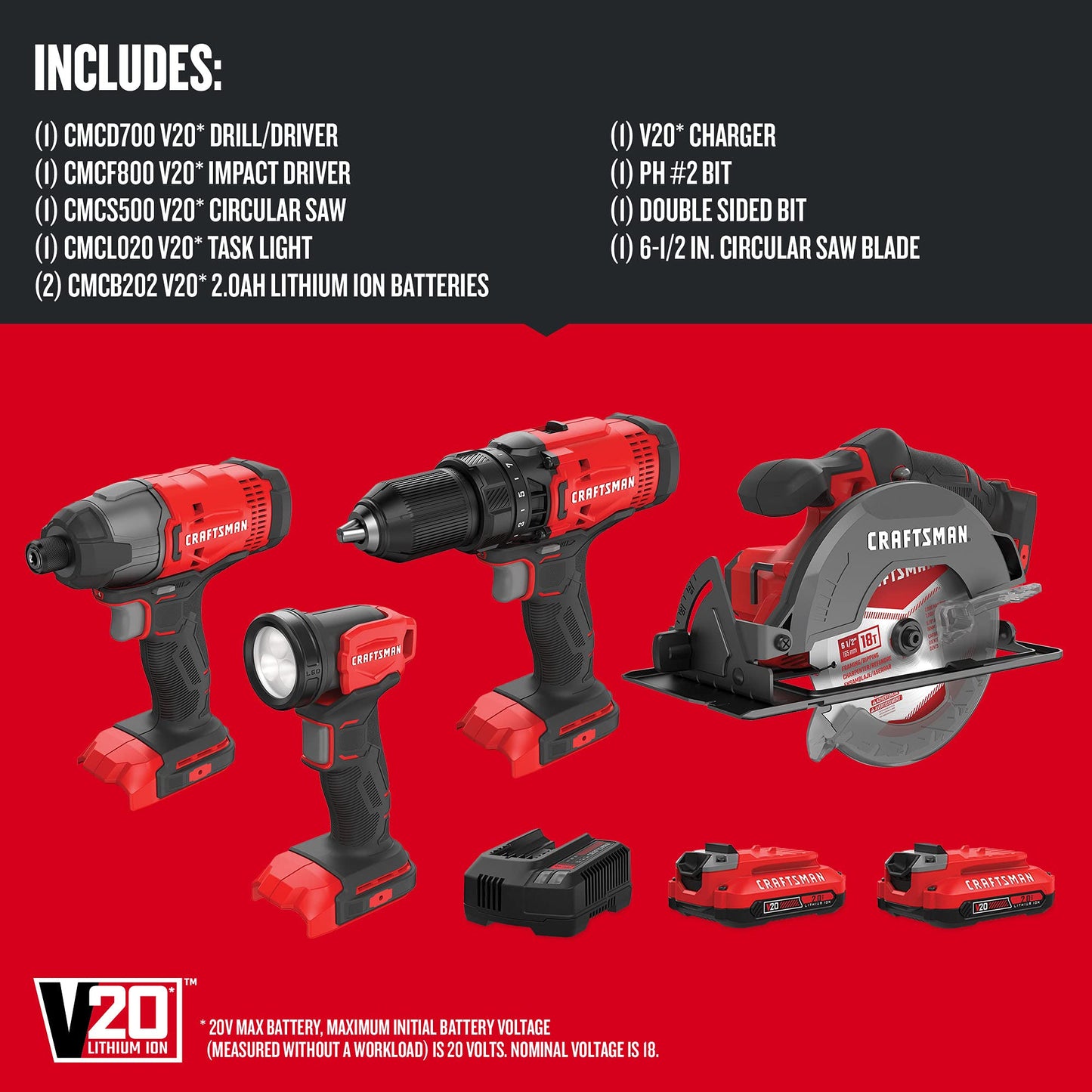 CRAFTSMAN Kit de Herramientas 20V Inalámbricas con Taladro Atornillador Sierra Circular Atornillador de Impacto y Linterna con 2 Baterias CMCK401D2