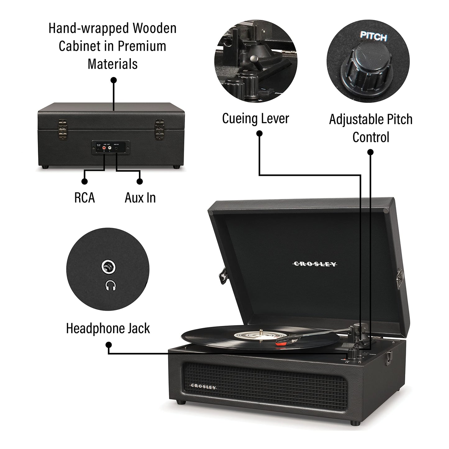 Crosley CR8017B-BK Voyager - Tocadiscos de Vinilo portátil clásico con Entrada y Salida Bluetooth y Altavoces Integrados, Color Negro