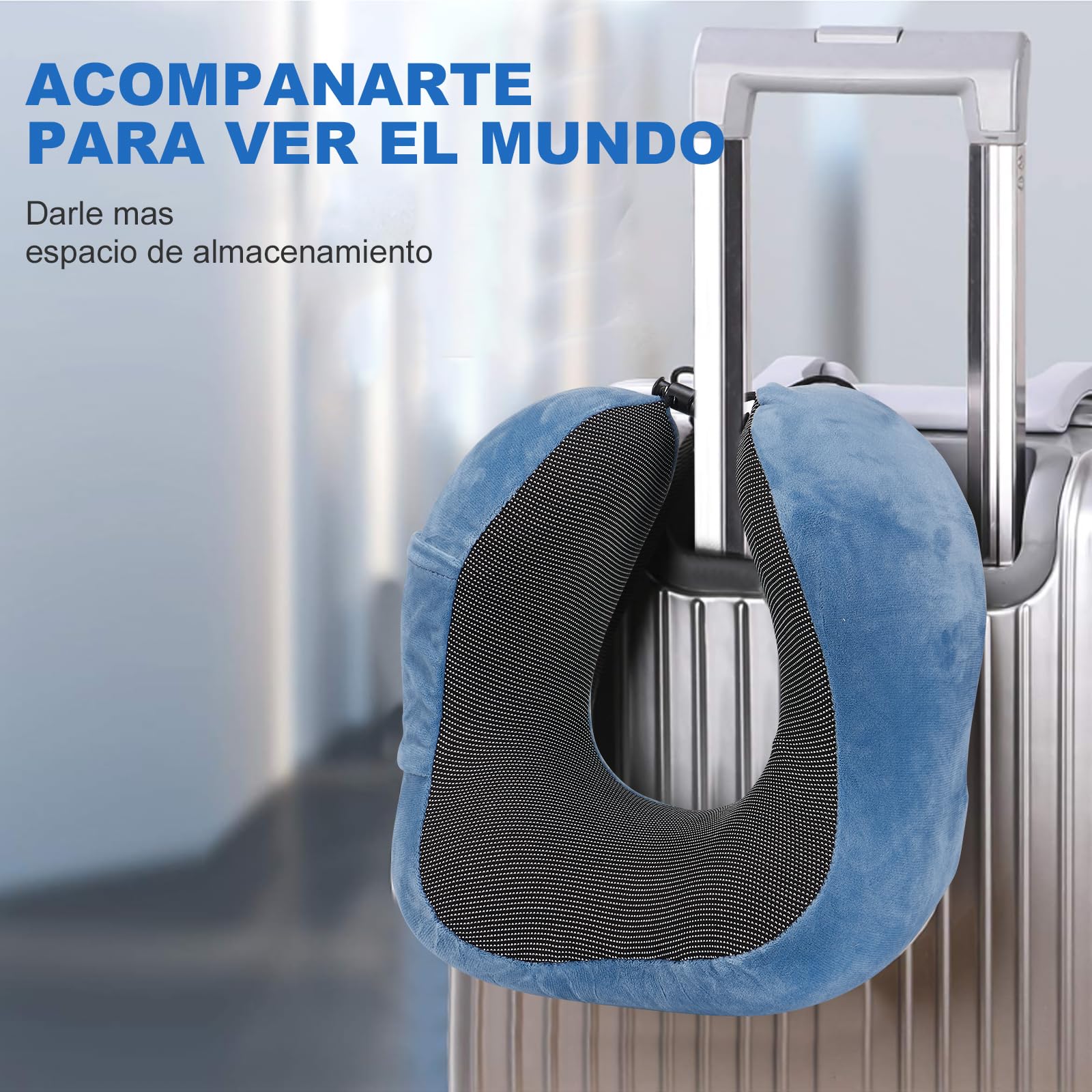 Almohada de Viaje, Almohada de Cuello Viscoelástica de Espuma de Memoria con Máscara de Ojos, Tapones para los oídos y Nariz, y Bolsa con Cordón, Soporte de Cuello para Avión, Oficina y el Hogar(Azul)