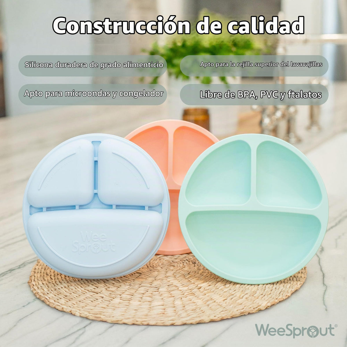 WeeSprout - Platos de silicona con tapas para bebés y niños pequeños (paquete de 3) platos 100% de grado alimenticio para autoalimentación, diseño dividido y bordes elevados para comedores exigentes
