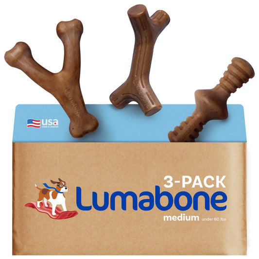 Lumabone Real Bacon - Paquete de 3 Juguetes masticables duraderos para masticadores agresivos, Fabricados en Estados Unidos - Wishbone, Zaggler, Stick