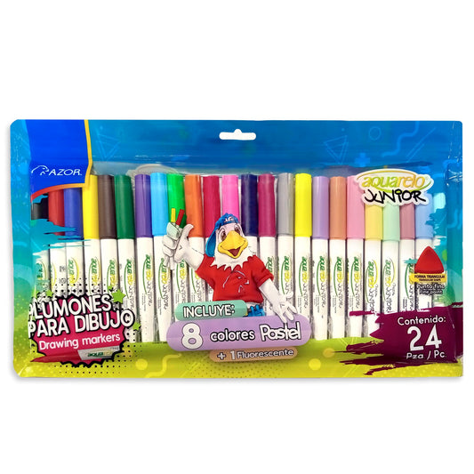 Azor Plumones Para Dibujo 24 Piezas No Toxico Lavable Aquarelo Jr 321.2924