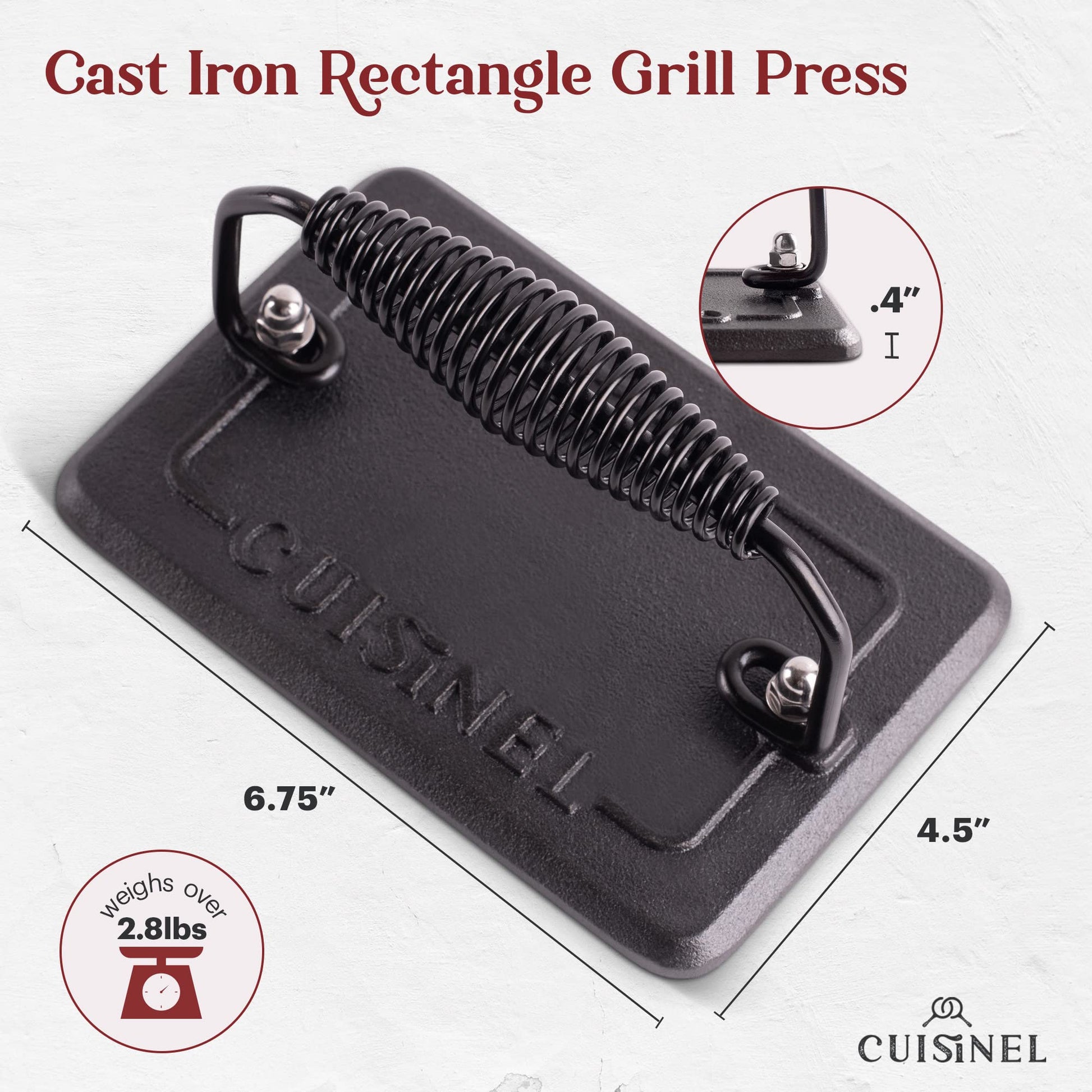 Cuisinel - Sartén para parrilla de hierro fundido + prensa rectangular de hierro fundido + tapa de vidrio templado + rascador de sartén, sartén acanalada presazonada, 10.5 pulgadas cuadrada Grillig