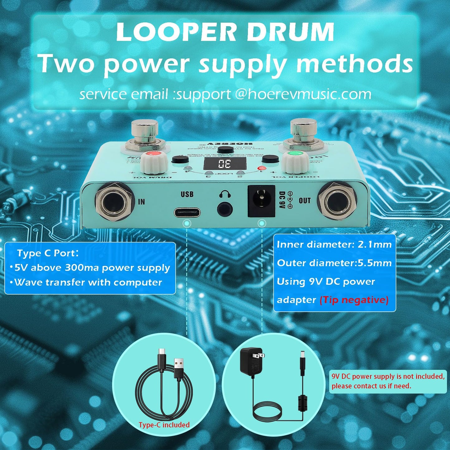 HOEREV Máquina de tambor de guitarra, afinador 3 en 1, pedal de bucle para guitarra eléctrica, pedales de bajo, estación tipo C puede ser puerto de fuente de alimentación