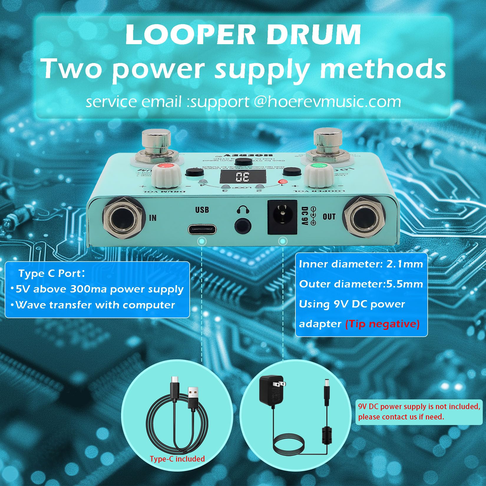 HOEREV Máquina de tambor de guitarra, afinador 3 en 1, pedal de bucle para guitarra eléctrica, pedales de bajo, estación tipo C puede ser puerto de fuente de alimentación