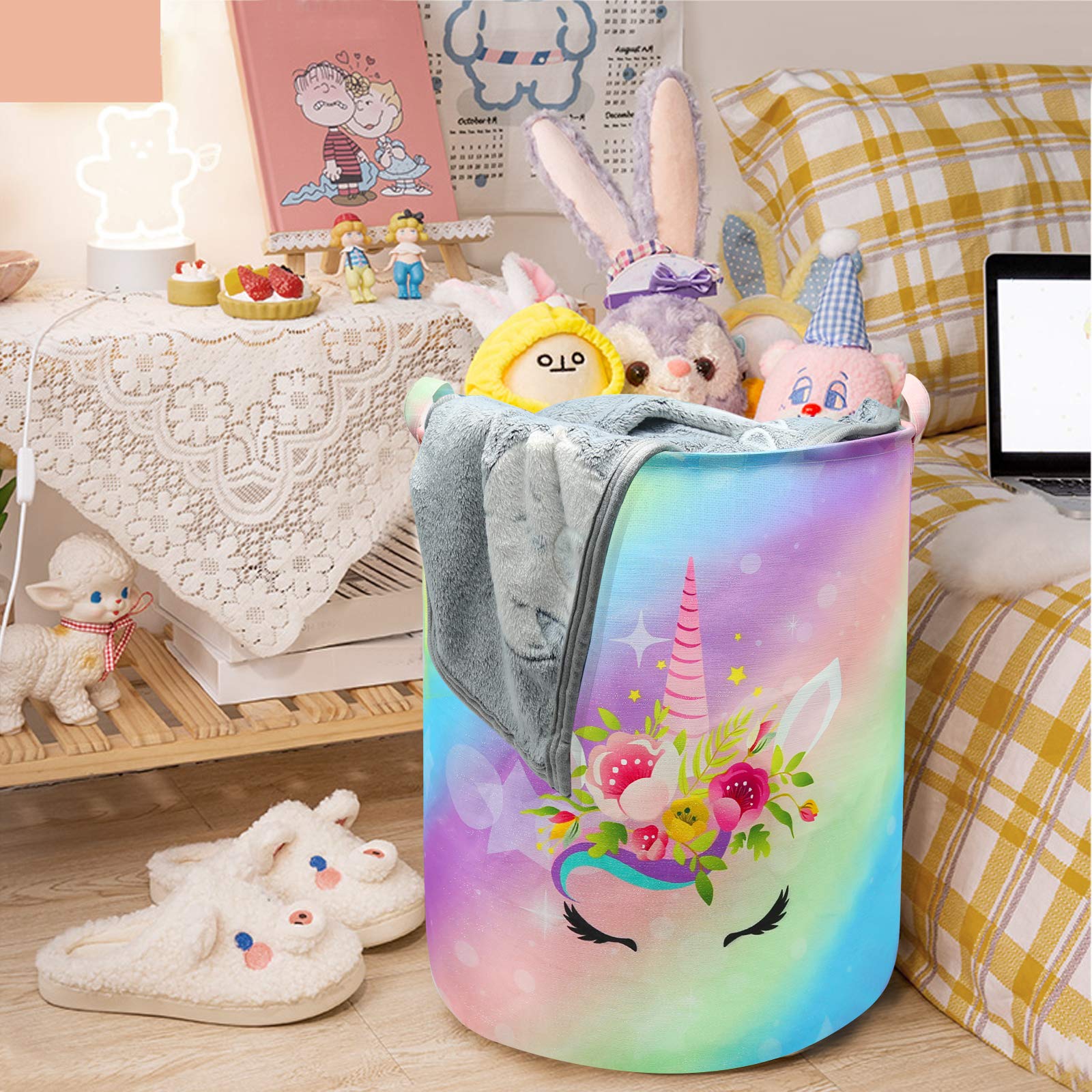 Cesta de lavandería con diseño de unicornio, de gran tamaño, redonda, impermeable, plegable, organizador de habitación de niñas, recámara, cuarto de bebé, ropa de sala de juegos (43.3 l, lindo